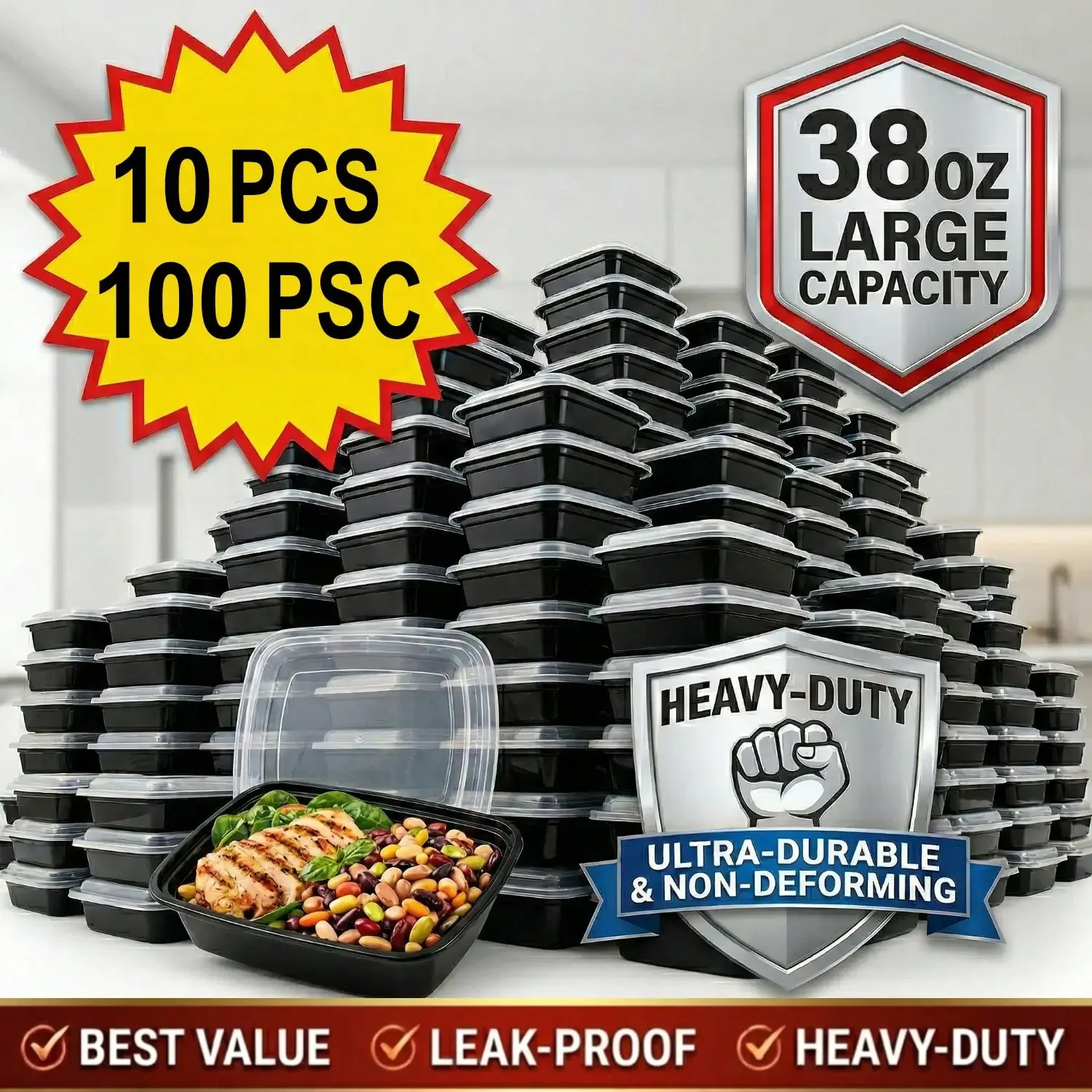 10/100pcs 38oz Black Rectangul - đánh giá và giá Meal Prep Kitchen