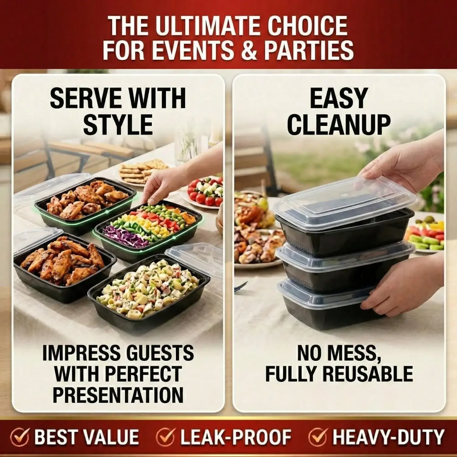 10/100pcs 38oz Black Rectangul - đánh giá và giá Meal Prep Kitchen
